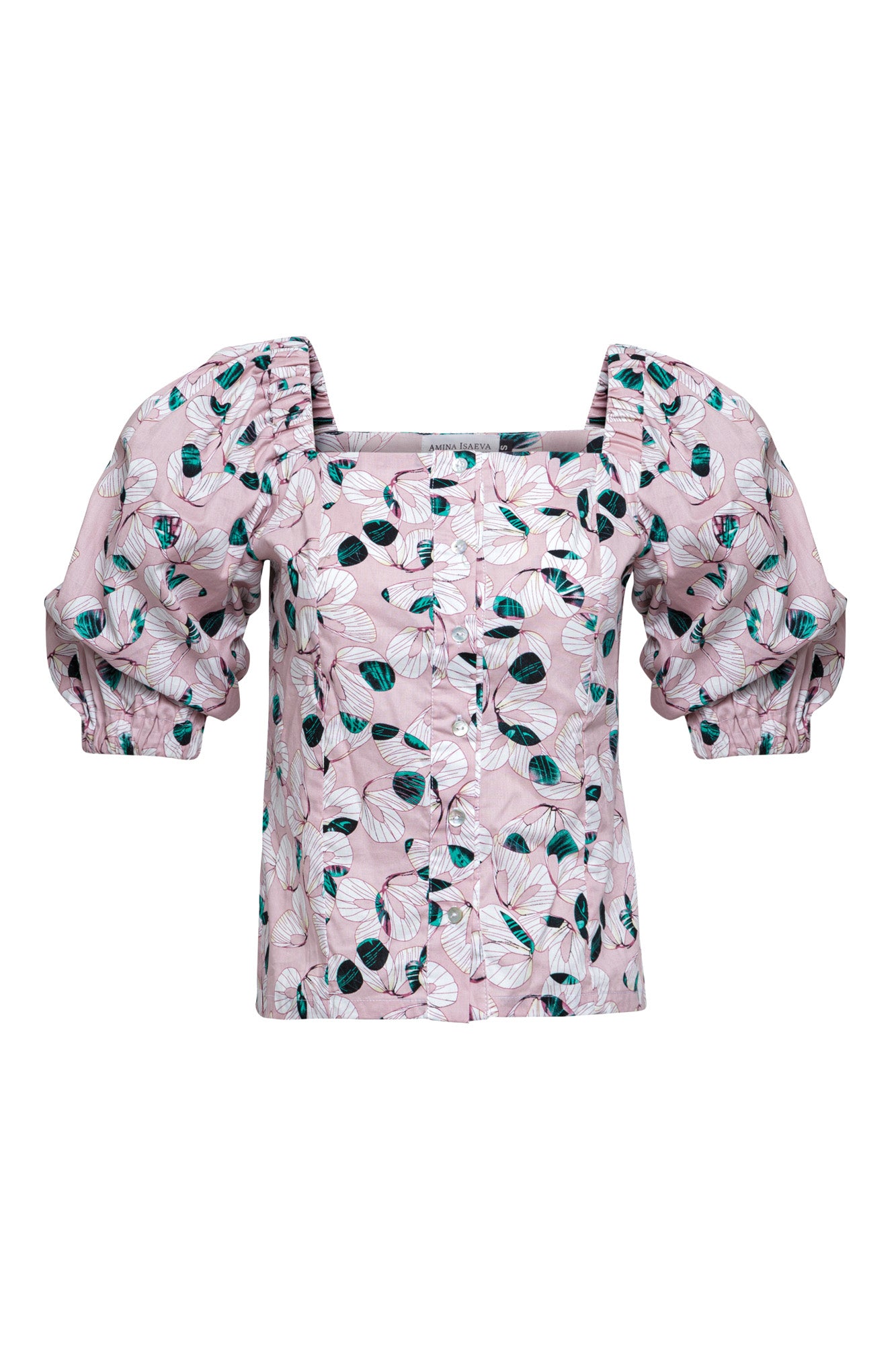 Printed cotton blouse with mother-of-pearl button closure and voluminous 2/4 length sleeves .