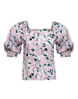 Printed cotton blouse with mother-of-pearl button closure and voluminous 2/4 length sleeves .