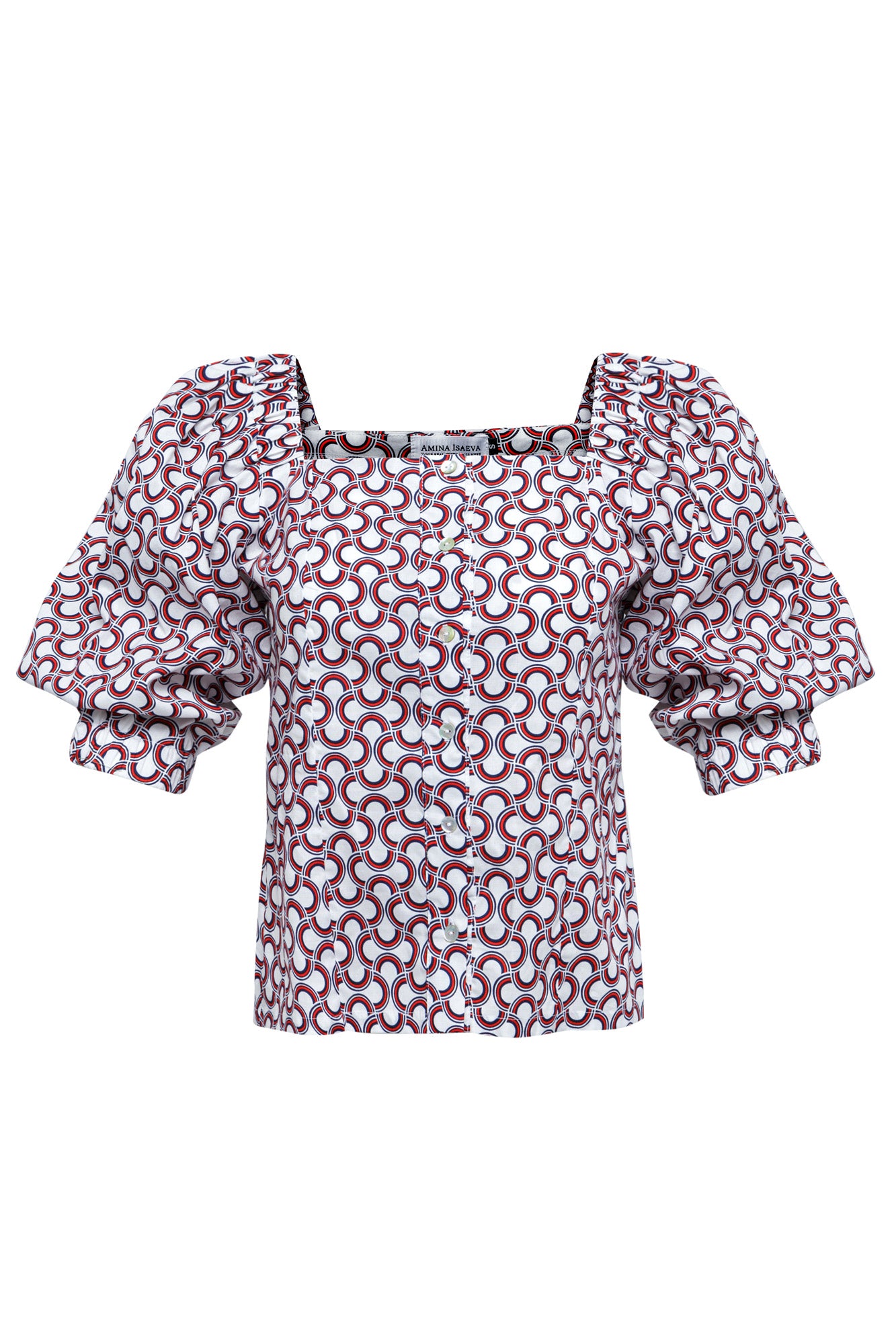 Printed cotton blouse with mother-of-pearl button closure and voluminous 2/4 length sleeves .