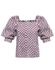 Printed cotton blouse with mother-of-pearl button closure and voluminous 2/4 length sleeves .