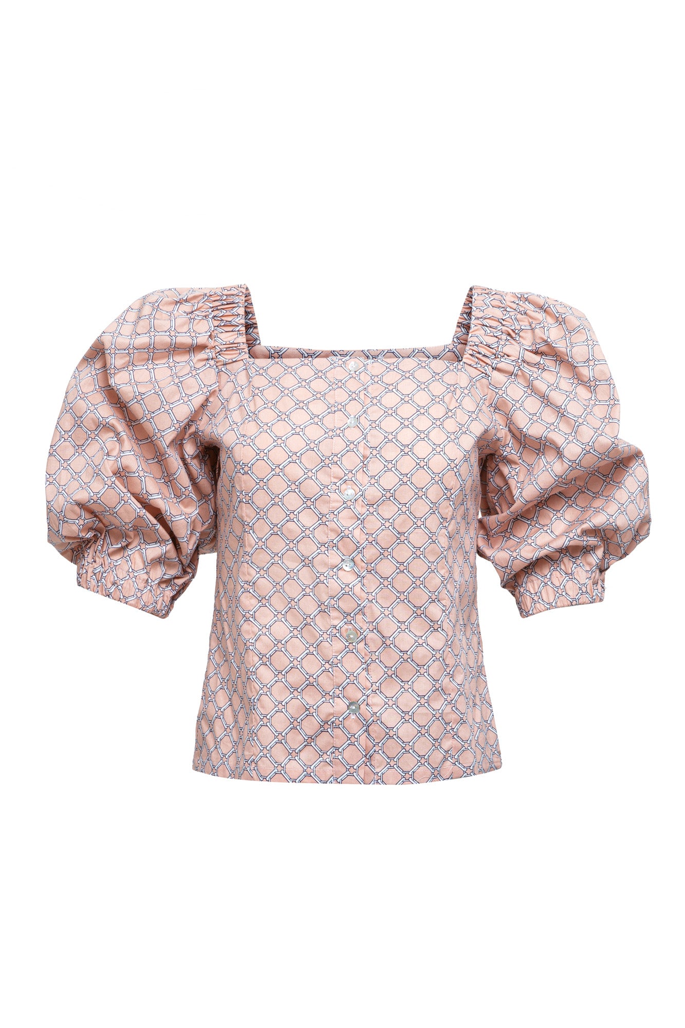 Printed cotton blouse with mother-of-pearl button closure and voluminous 2/4 length sleeves .