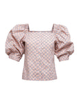 Printed cotton blouse with mother-of-pearl button closure and voluminous 2/4 length sleeves .