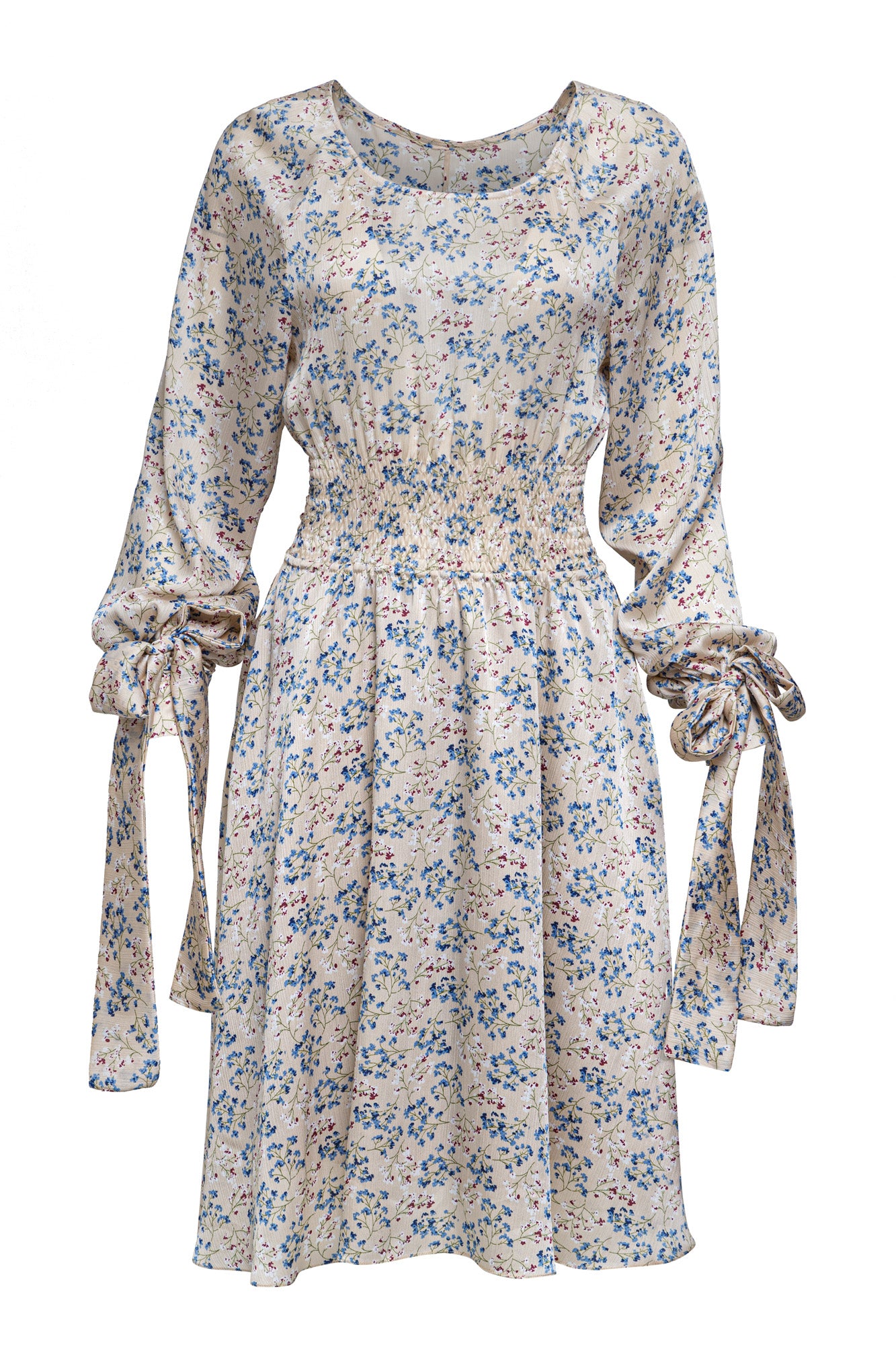 Knee-length floral print dress with a round neckline and long sleeves with button cuffs and removable ribbons.