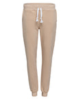 Mid-rise futer pants, elasticized waistband with white drawstring, two slash pockets on the sides.