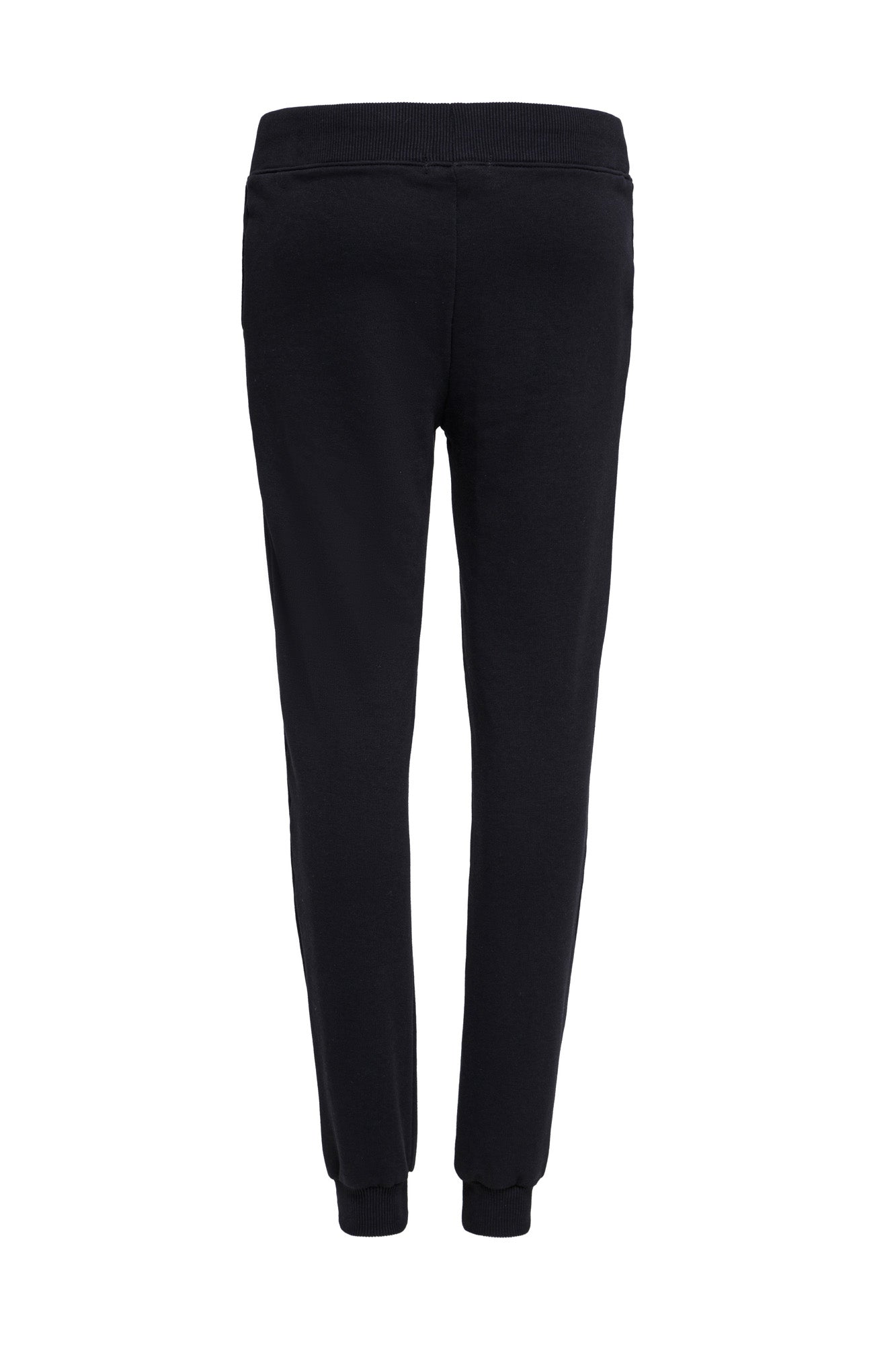 Mid-rise futer pants, elasticized waistband with white drawstring, two slash pockets on the sides.