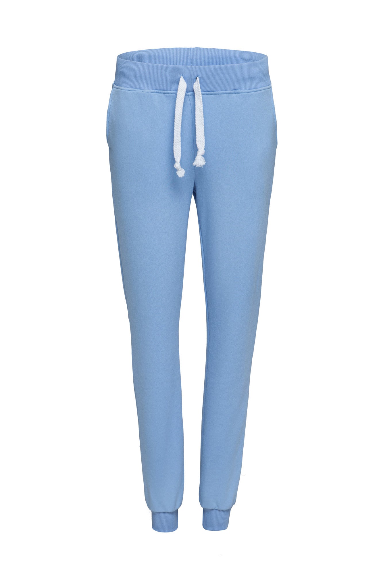 Mid-rise futer pants, elasticized waistband with white drawstring, two slash pockets on the sides.