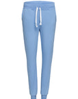 Mid-rise futer pants, elasticized waistband with white drawstring, two slash pockets on the sides.