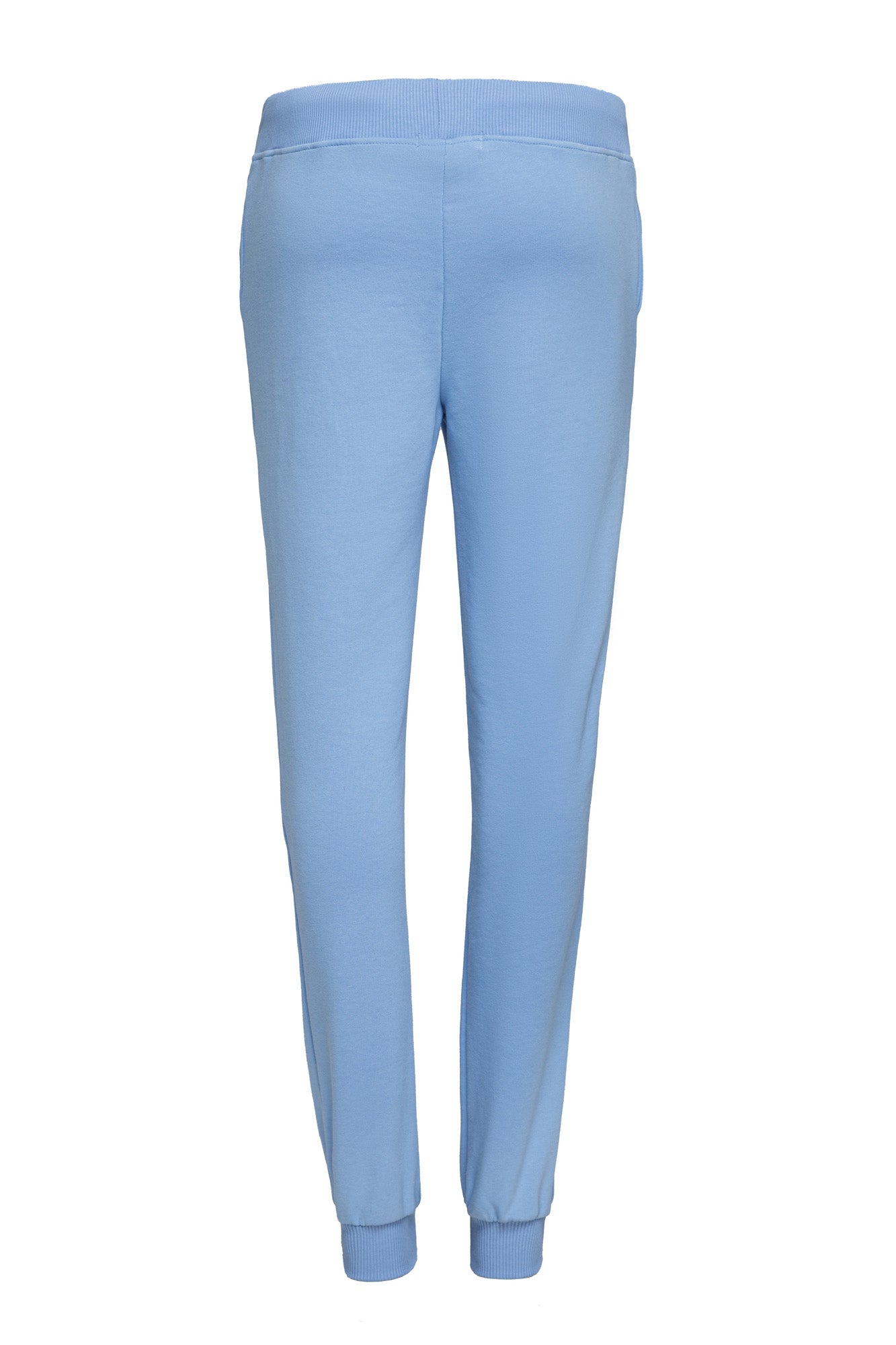 Mid-rise futer pants, elasticized waistband with white drawstring, two slash pockets on the sides.