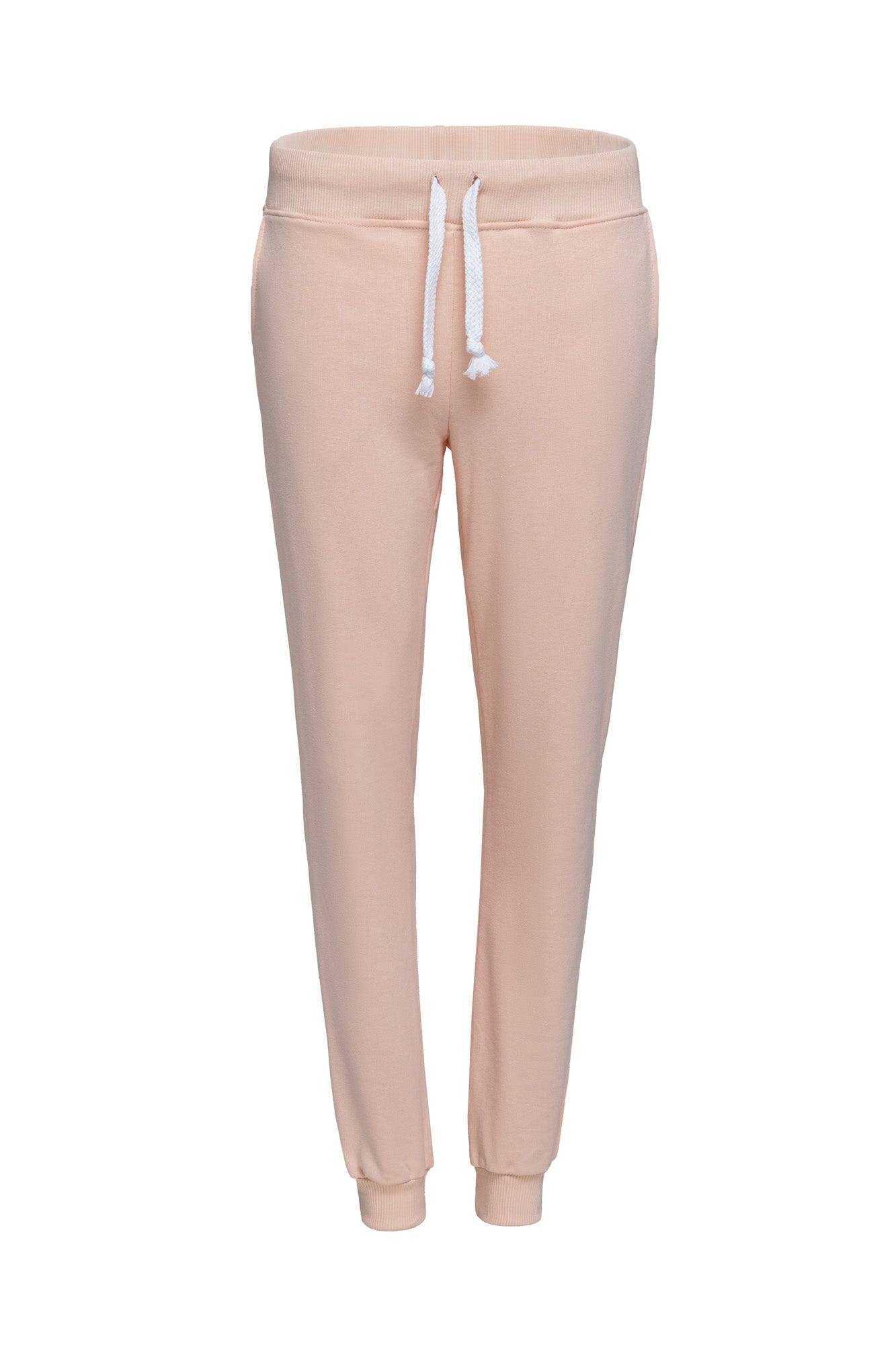 Mid-rise futer pants, elasticized waistband with white drawstring, two slash pockets on the sides.