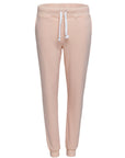 Mid-rise futer pants, elasticized waistband with white drawstring, two slash pockets on the sides.