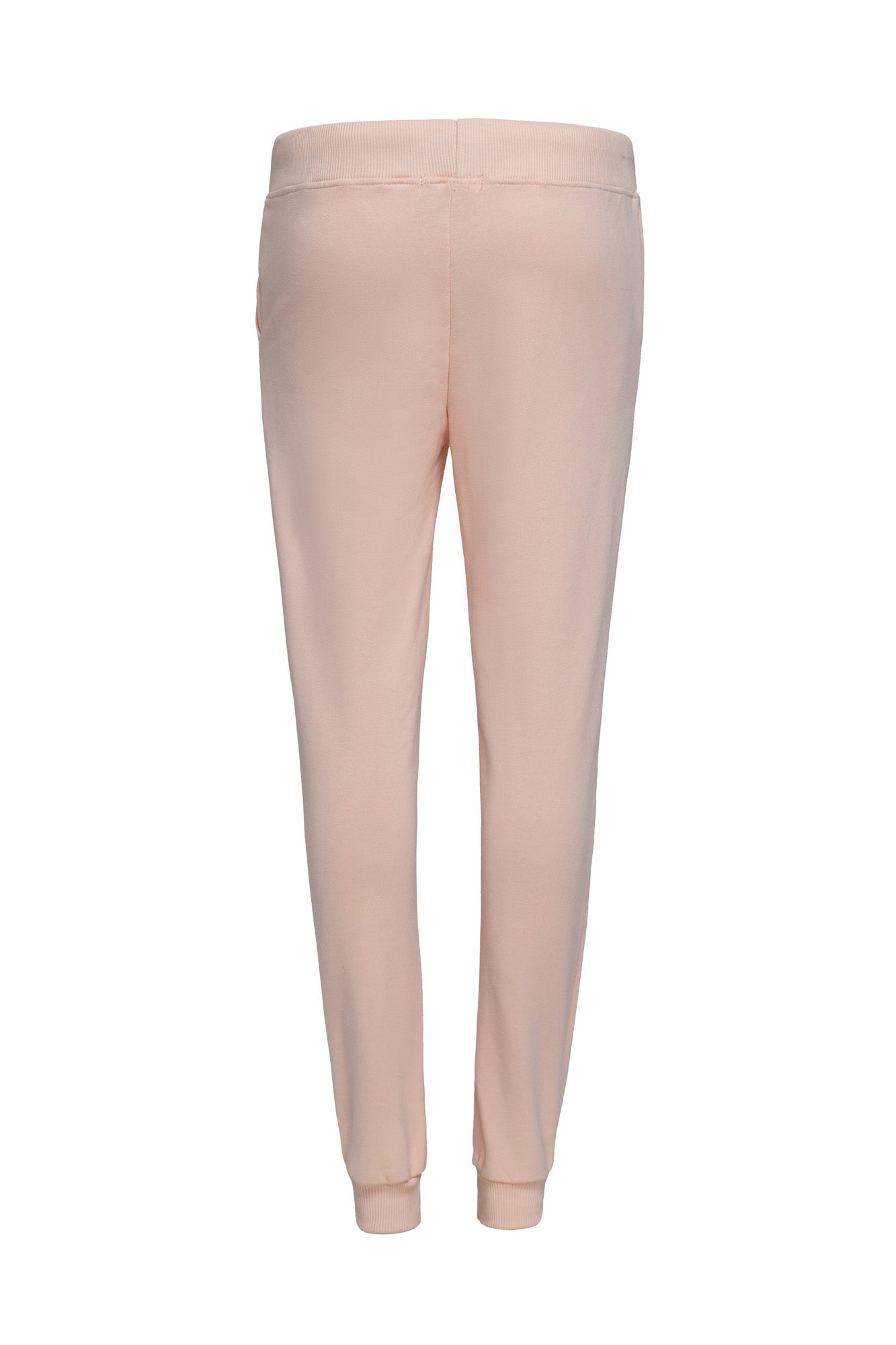 Mid-rise futer pants, elasticized waistband with white drawstring, two slash pockets on the sides.