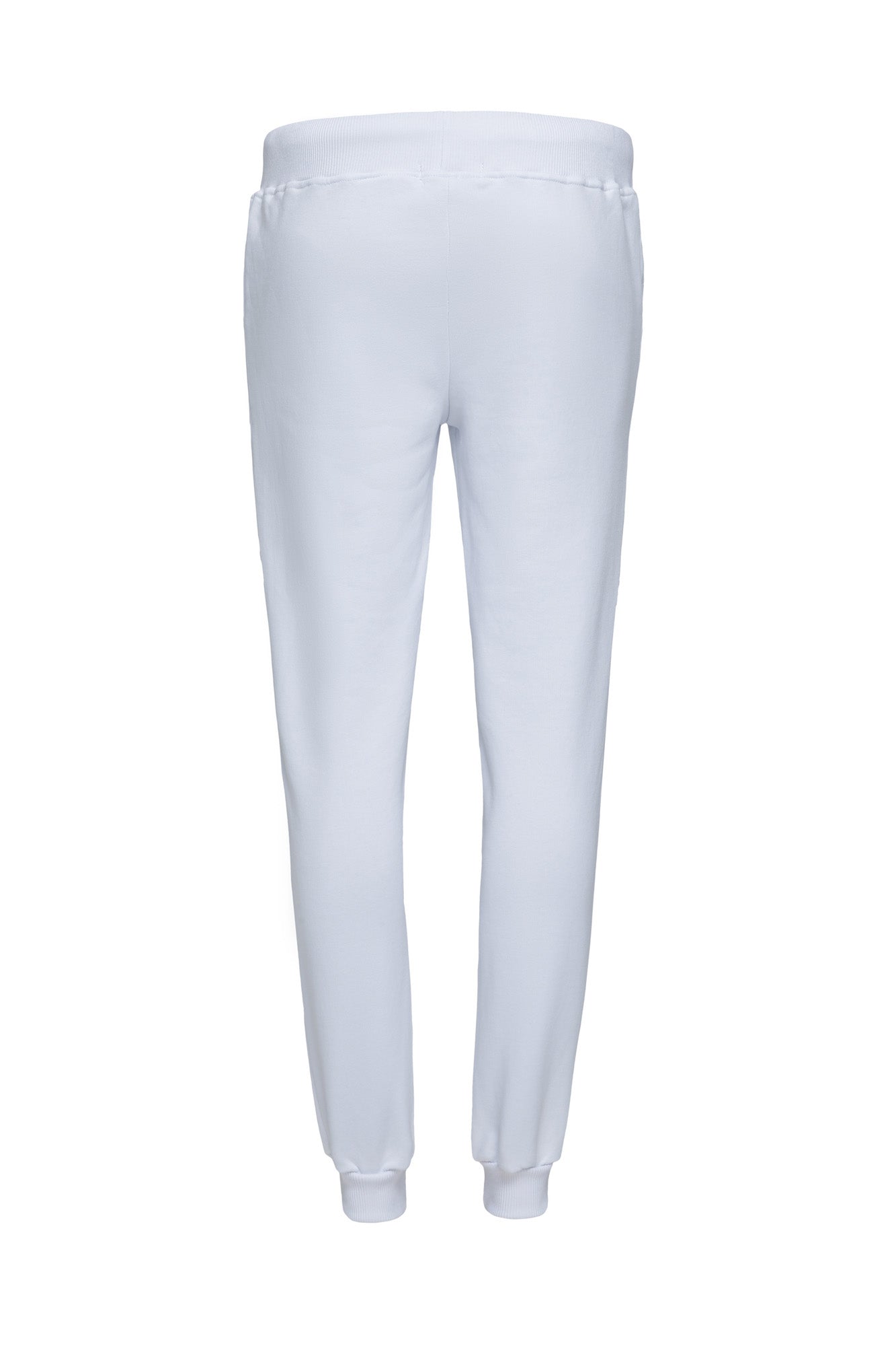 Mid-rise futer pants, elasticized waistband with white drawstring, two slash pockets on the sides.