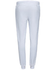 Mid-rise futer pants, elasticized waistband with white drawstring, two slash pockets on the sides.